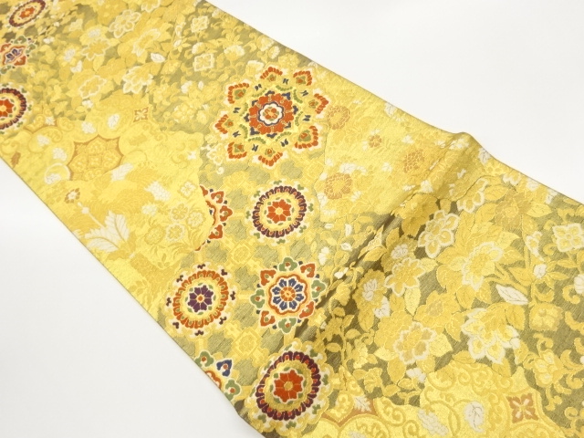 JAPANESE KIMONO / FUKURO OBI / SILK / WOVEN FLORAL CREST & FLORAL ARABESQUE